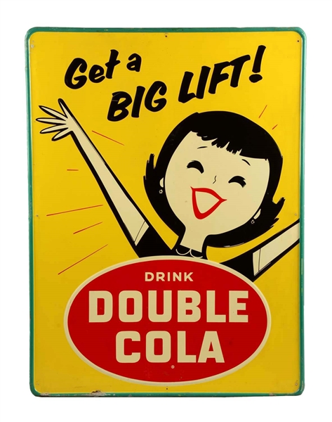 LARGE DOUBLE COLA SELF FRAMED TIN SIGN. 