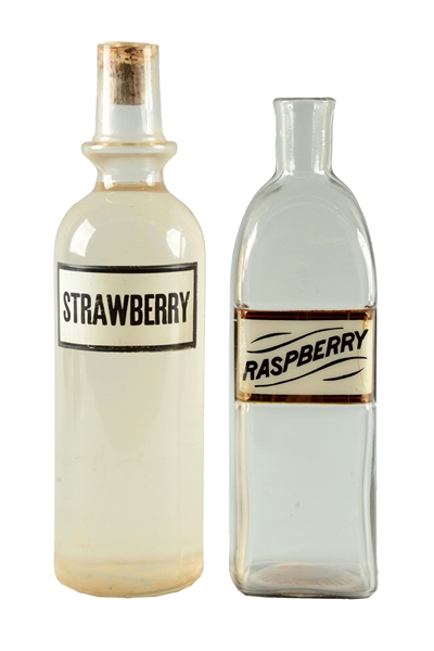 LOT OF 2: RASPBERRY & STRAWBERRY APOTHECARY & SYRUP BOTTLES.