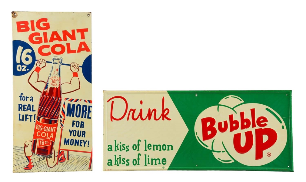 LOT OF 2: BIG COLA & BUBBLE UP TIN ADVERTISING SIGNS. 