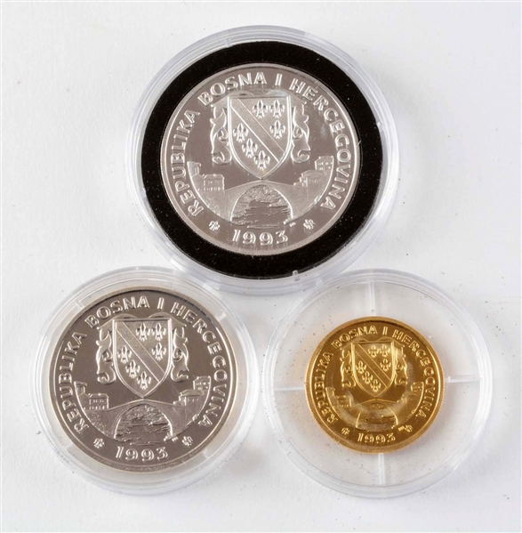 1993 FIRST SILVER AND GOLD COINS OF BOSNIA & HERZEGOVINA PROOF.
