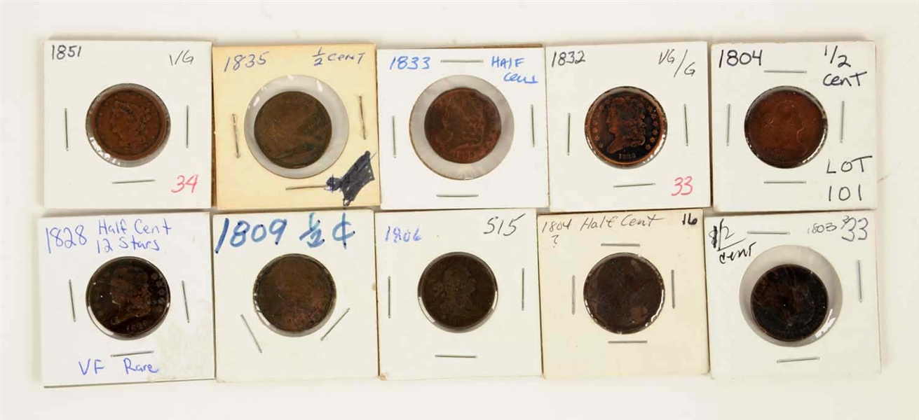 LOT OF 10: HALF CENTS.