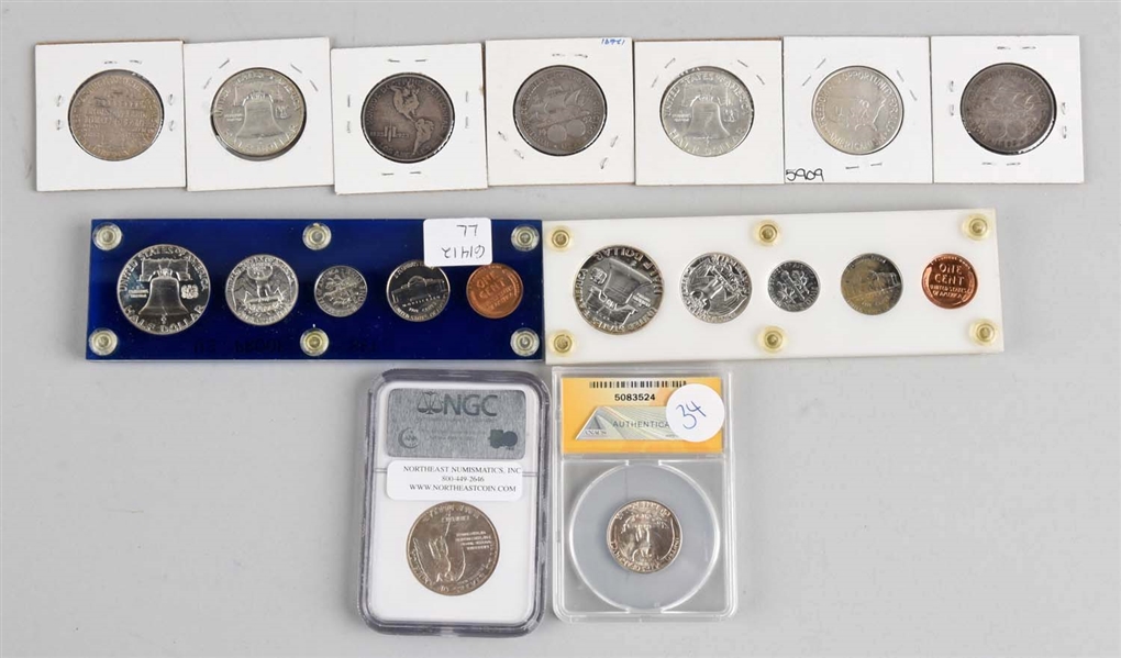 LOT OF ASSORTED HALF DOLLARS AND PROOF SETS.