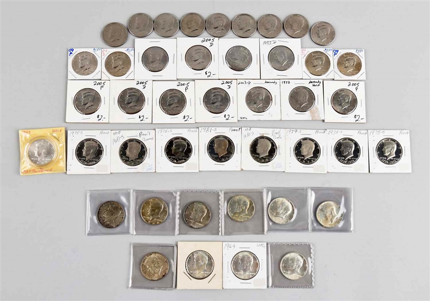 LARGE LOT OF ASSORTED KENNEDY HALF DOLLARS.