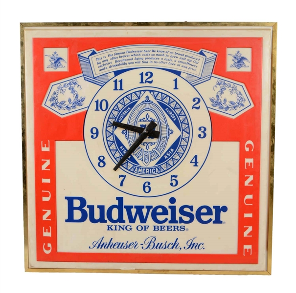 ILLUMINATED BUDWEISER BEER ADVERTISING BAR CLOCK. 