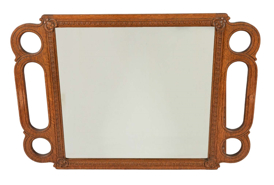 ANTIQUE MIRROR WITH OAK FRAME. 