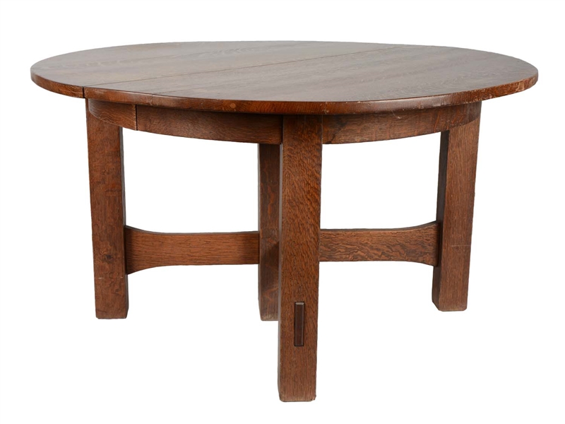 GUSTAV STICKLEY 5-LEG CROSS-STRETCHER DINING TABLE. 