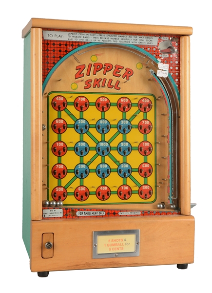 5¢ BINKS INDUSTRIES ZIPPER SKILL PINBALL GAME. 