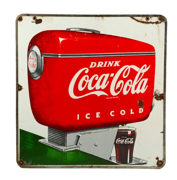 COCA-COLA DOUBLE SIDED PORCELAIN FOUNTAIN DISPENSER SIGN. 