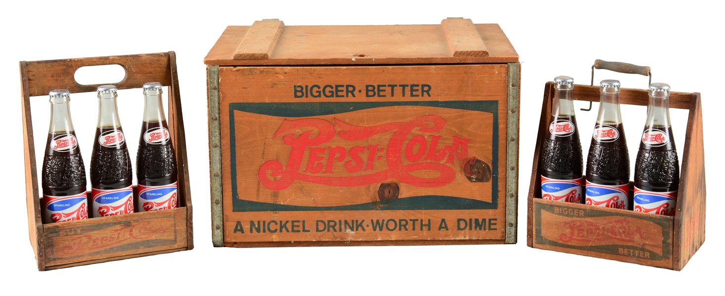 LOT OF 3: PEPSI - COLA WOODEN CRATE & 2 6-PACK CARRIERS.