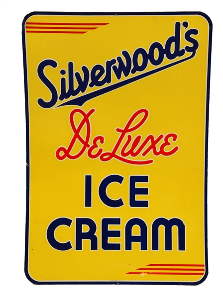 SILVERWOODS ICE CREAM EMBOSSED TIN SIGN. 