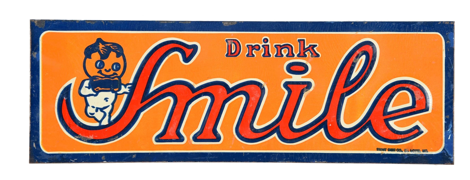 DRINK SMILE EMBOSSED TIN ADVERTISING SIGN. 