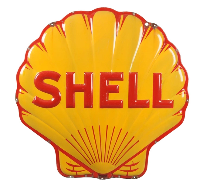 SHELL GASOLINE EMBOSSED PORCELAIN CLAM SHELL SHAPED SIGN.