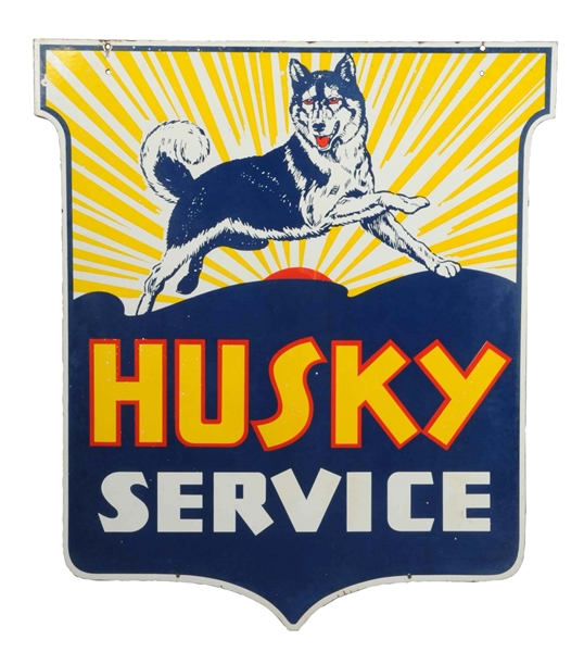HUSKY GASOLINE W/ DOG GRAPHIC SHIELD SHAPED PORCELAIN SIGN.