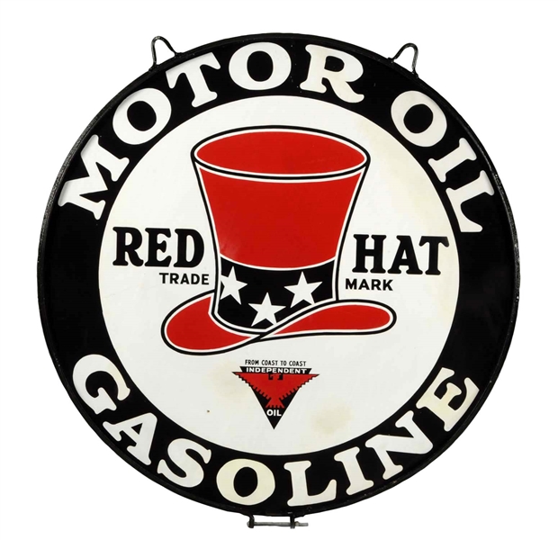 RED HAT GASOLINE MOTOR OIL PORCELAIN SIGN.