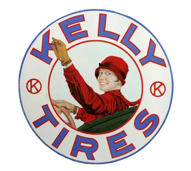 KELLY TIRES W/ LOTTA MILES GRAPHIC PORCELAIN SIGN.