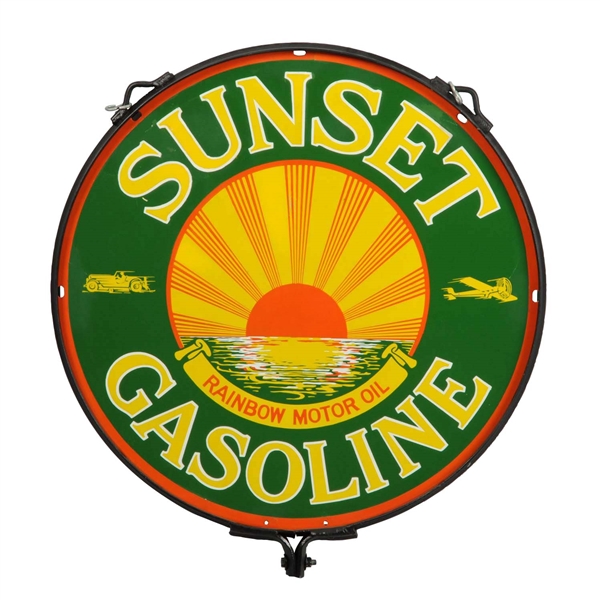 SUNSET GASOLINE W/ CAR & PLANE GRAPHIC PORCELAIN SIGN. 