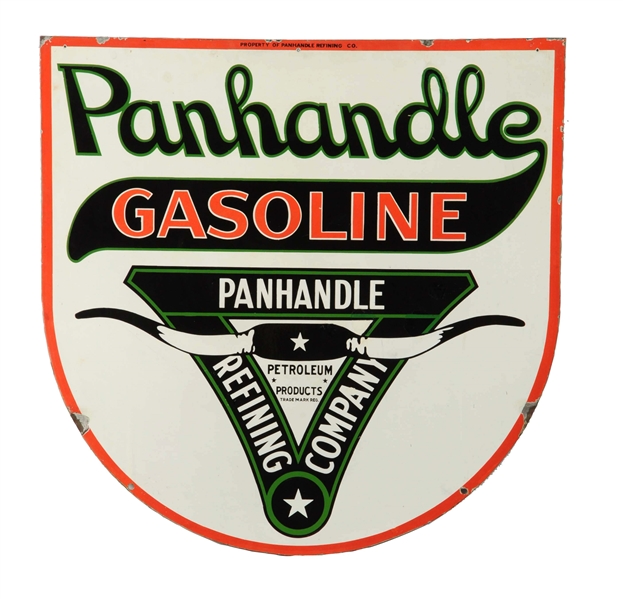 PANHANDLE GASOLINE W/ LONGHORN GRAPHICS PORCELAIN SIGN. 