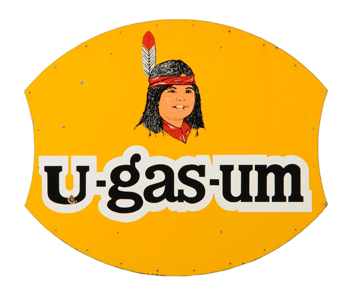 U-GAS-UM W/ NATIVE AMERICAN GRAPHIC PORCELAIN SIGN.