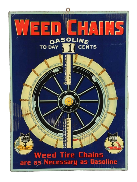 WEED CHAINS GASOLINE TO-DAY TIN PRICER SIGN.