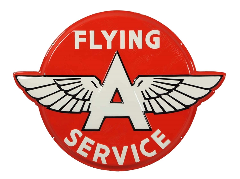 FLYING A SERVICE EMBOSSED PORCELAIN BUTTON SIGN.