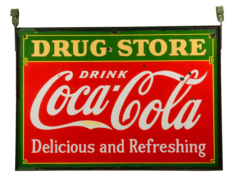 COCA-COLA DOUBLE SIDED PORCELAIN DRUG STORE SIGN. 