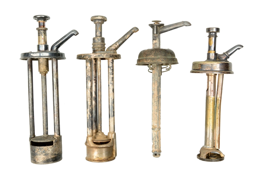 LOT OF 4: EARLY SYRUP DISPENSER PUMPS.