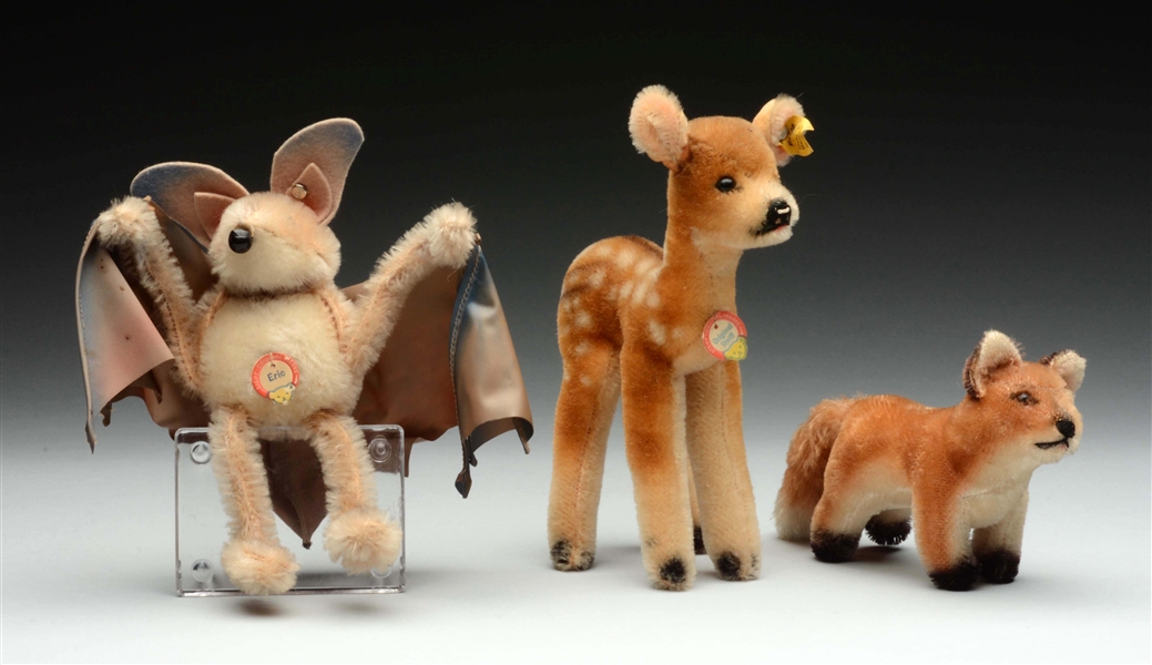 LOT OF 3: RARE EARLY AND ORIGINAL STEIFF ERIC THE BAT WITH IDS. 