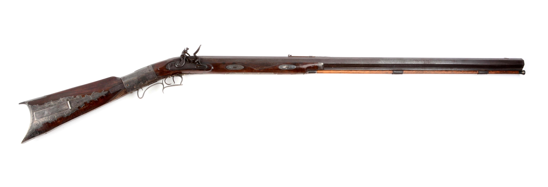 (A) REZIN BOWIES SILVER-MOUNTED FLINTLOCK RIFLE MADE BY BARTLETT OF NEW YORK.