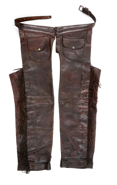 FINE PAIR OF EARLY F.A. MEANEA FRINGED SHOTGUN CHAPS.