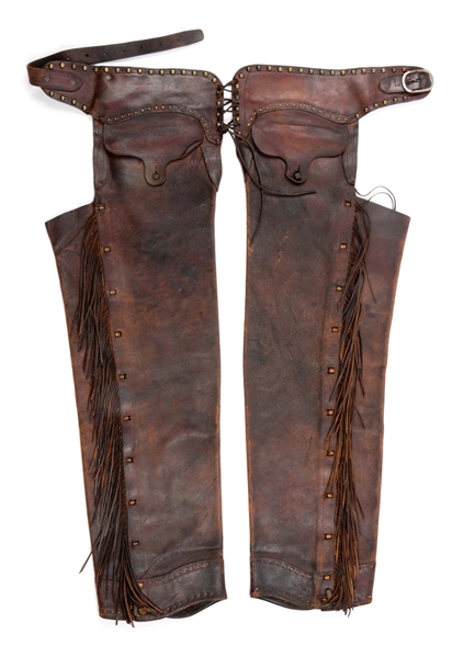 PAIR OF S.C. GALLOP ALL LEATHER FRINGED SHOTGUN CHAPS.