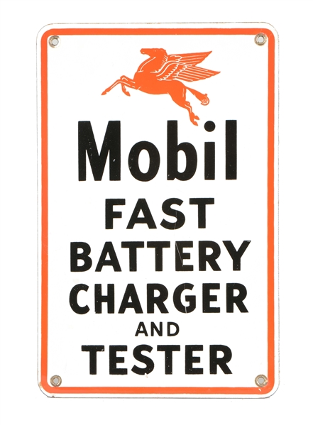 MOBIL FAST BATTERY CHARGER AND TESTER PORCELAIN SIGN.