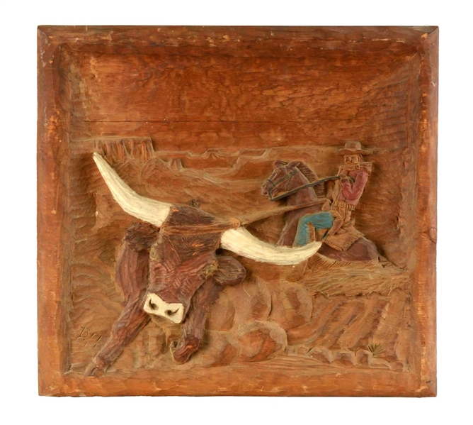 WOODEN CARVED CUTOUT ARTWORK OF COWBOY CATCHING A BULL. 