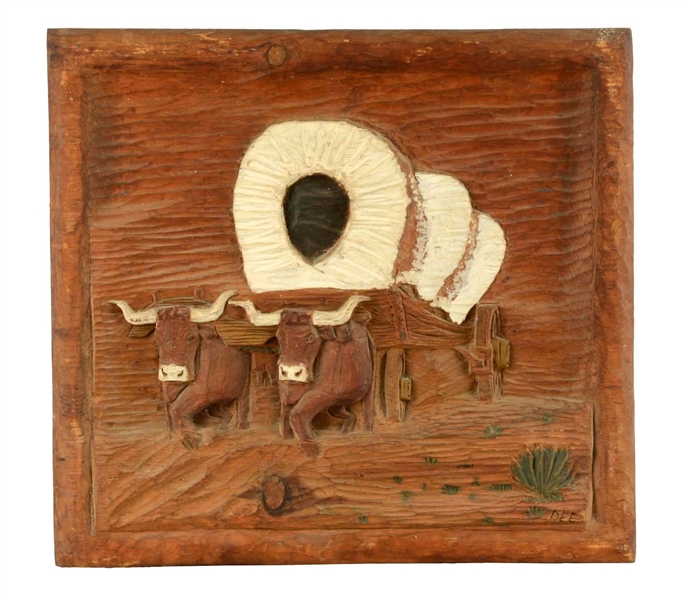WOODEN CARVED CUTOUT ARTWORK OF WAGON & CATTLE. 