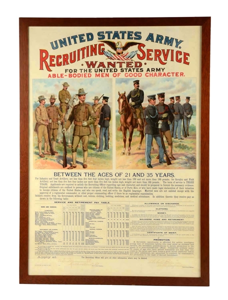 FRAMED 1904 UNITED STATES ARMY RECRUITING SERVICE SIGN.