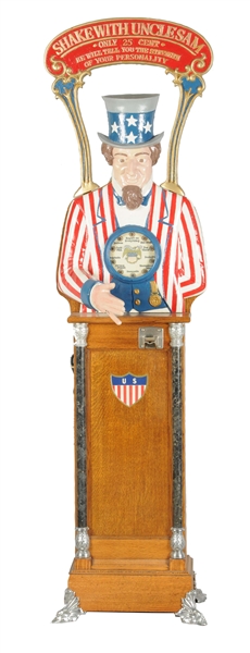 25¢ REPRODUCTION "SHAKE WITH UNCLE SAM" STRENGTH TESTER ARCADE MACHINE. 