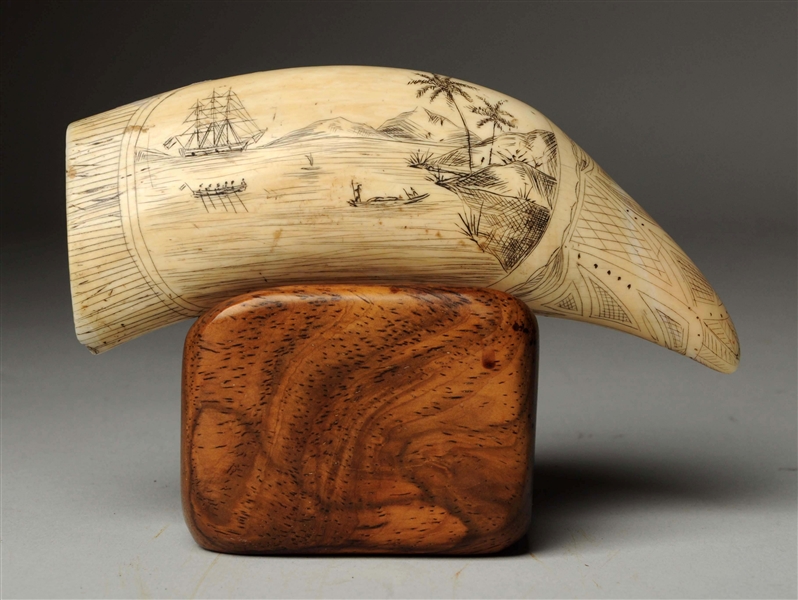 LOT OF 2: EARLY CARVED IVORY WHALE TOOTH W/ STAND.