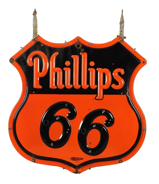 PHILLIPS 66 NEON PORCELAIN DIECUT EMBOSSED SIGNS.