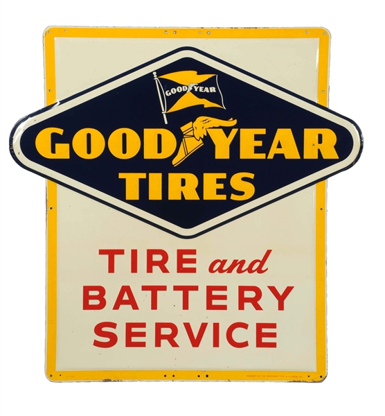 GOODYEAR TIRE AND BATTERY SERVICE EMBOSSED DIECUT METAL SIGN.