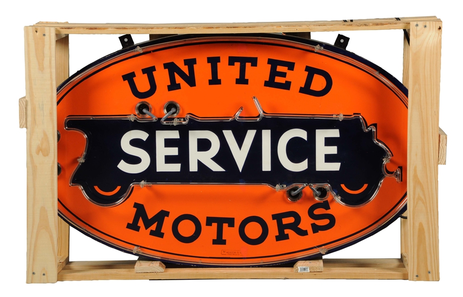 UNITED MOTORS SERVICE W/ CAR LOGO OVAL PORCELAIN NEON SIGN.