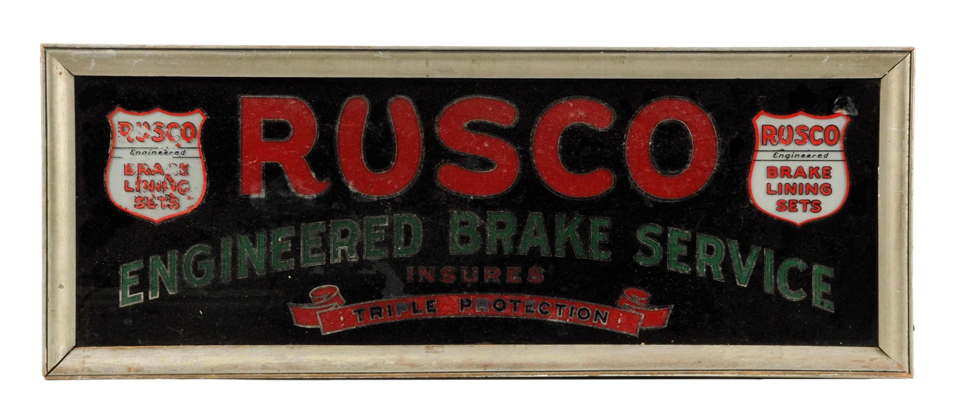 RUSCO ENGINEERED BRAKE SERVICE REVERSE PAINTED GLASS LIGHTED SIGN.