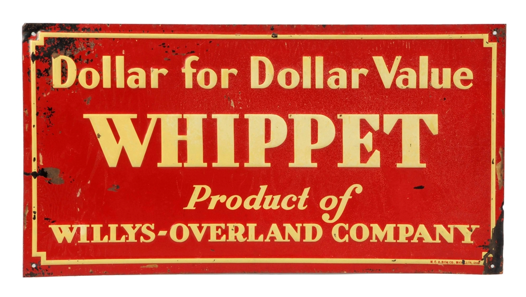 WILLYS-OVERLAND WHIPPET EMBOSSED METAL SIGN.