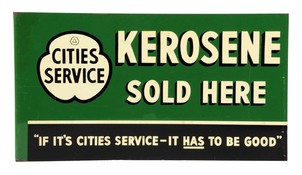 CITIES SERVICE KEROSENE "SOLD HERE" TIN FLANGE SIGN.