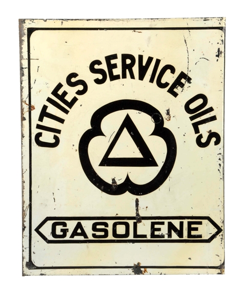 CITIES SERVICE OILS GASOLENE W/ LOGO TIN FLANGE SIGN.