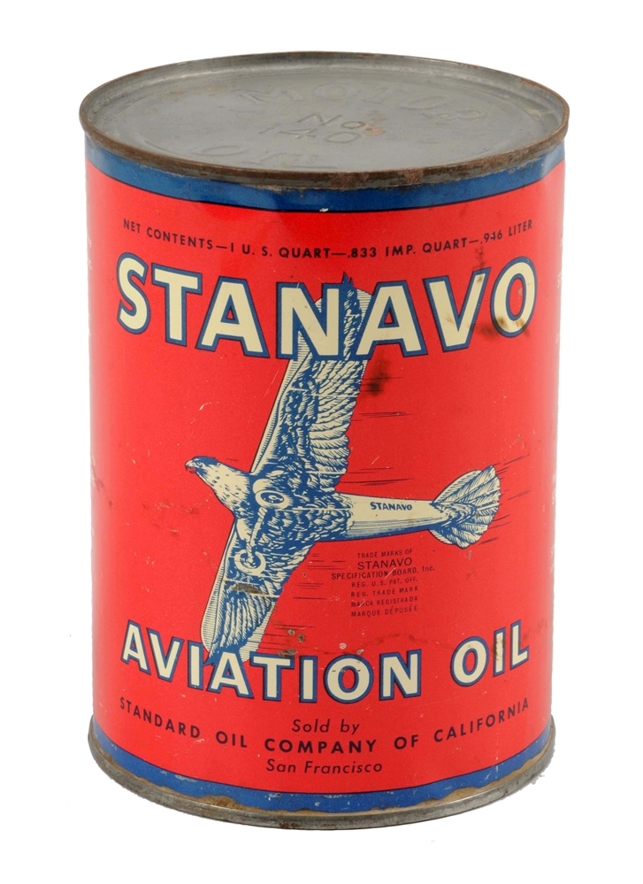 SUPER RARE STANAVO AVIATION OIL W/BIRD-PLANE LOGO QUART CAN.