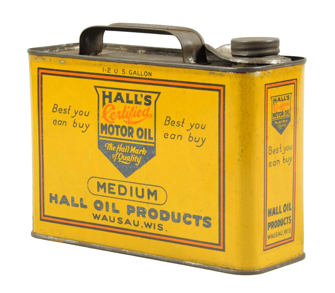 HALLS CERTIFIED MOTOR OIL HALF GALLON METAL CAN.