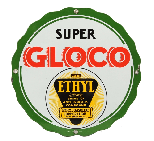 SUPER GLOCO W/ ETHYL LOGO PORCELAIN SIGN.