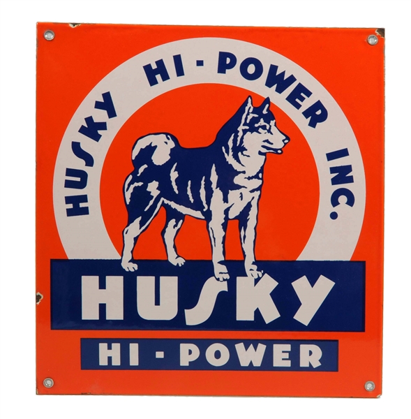 HUSKY HI-POWER W/ DOG LOGO PORCELAIN SIGN (LARGE ORANGE).