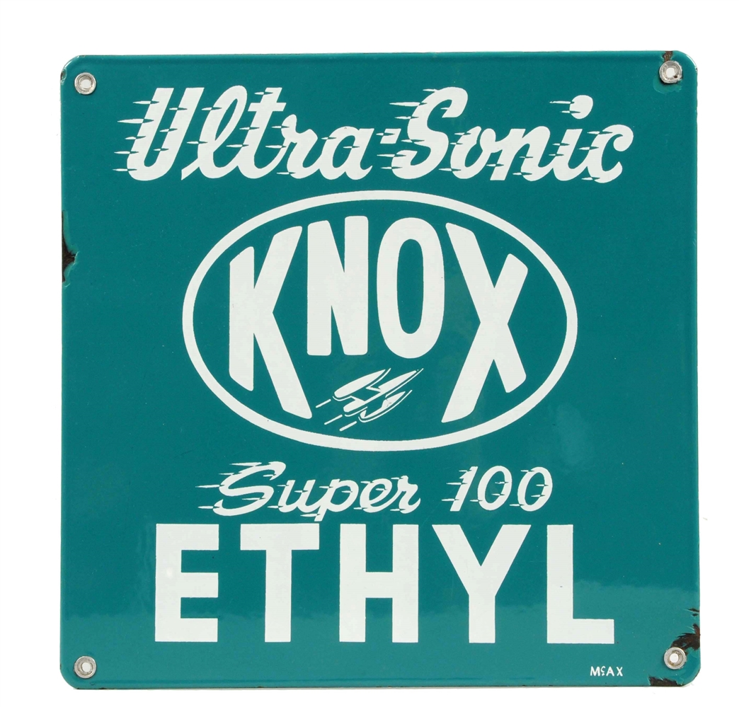 ULTRA-SONIC KNOX SUPER 100 ETHTYL PORCELAIN SIGN.