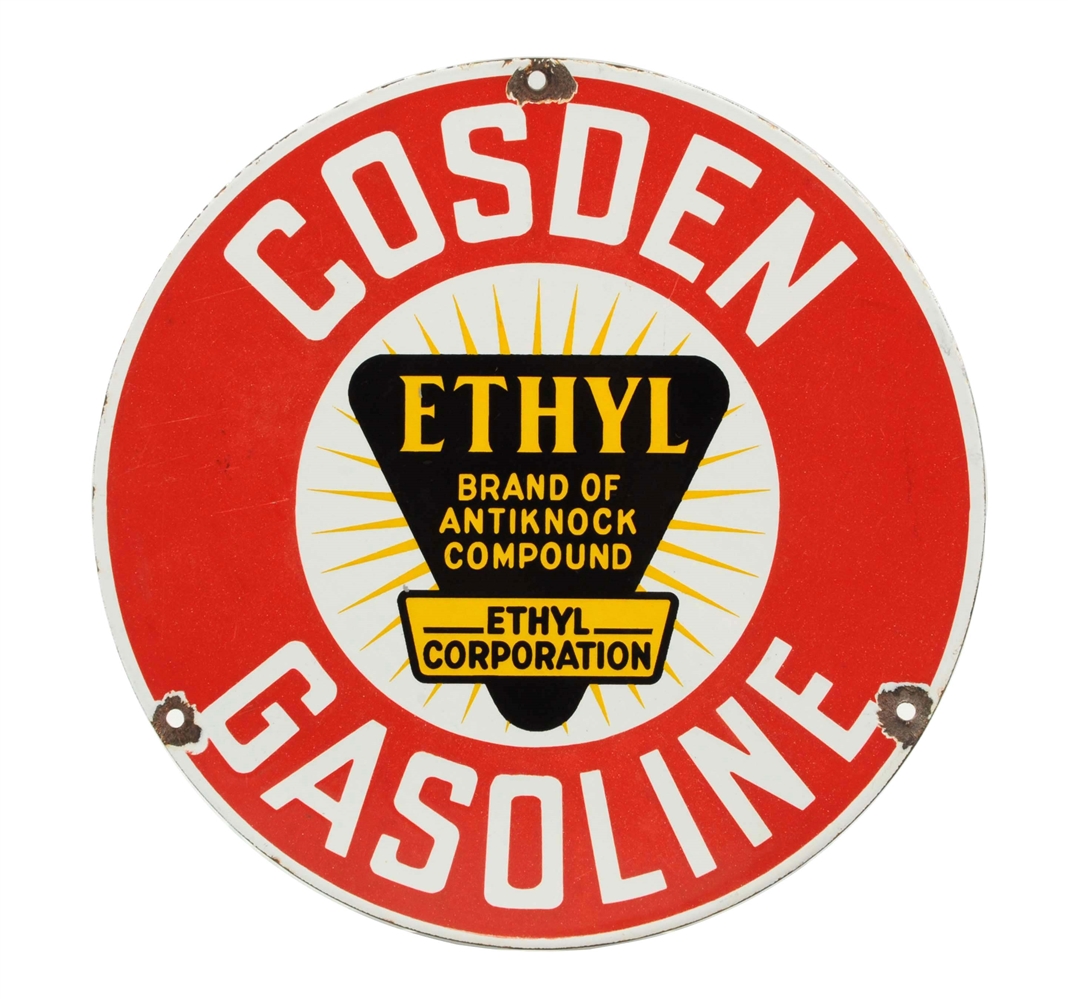 COSDEN GASOLINE W/ ETHYL LOGO PORCELAIN SIGN.