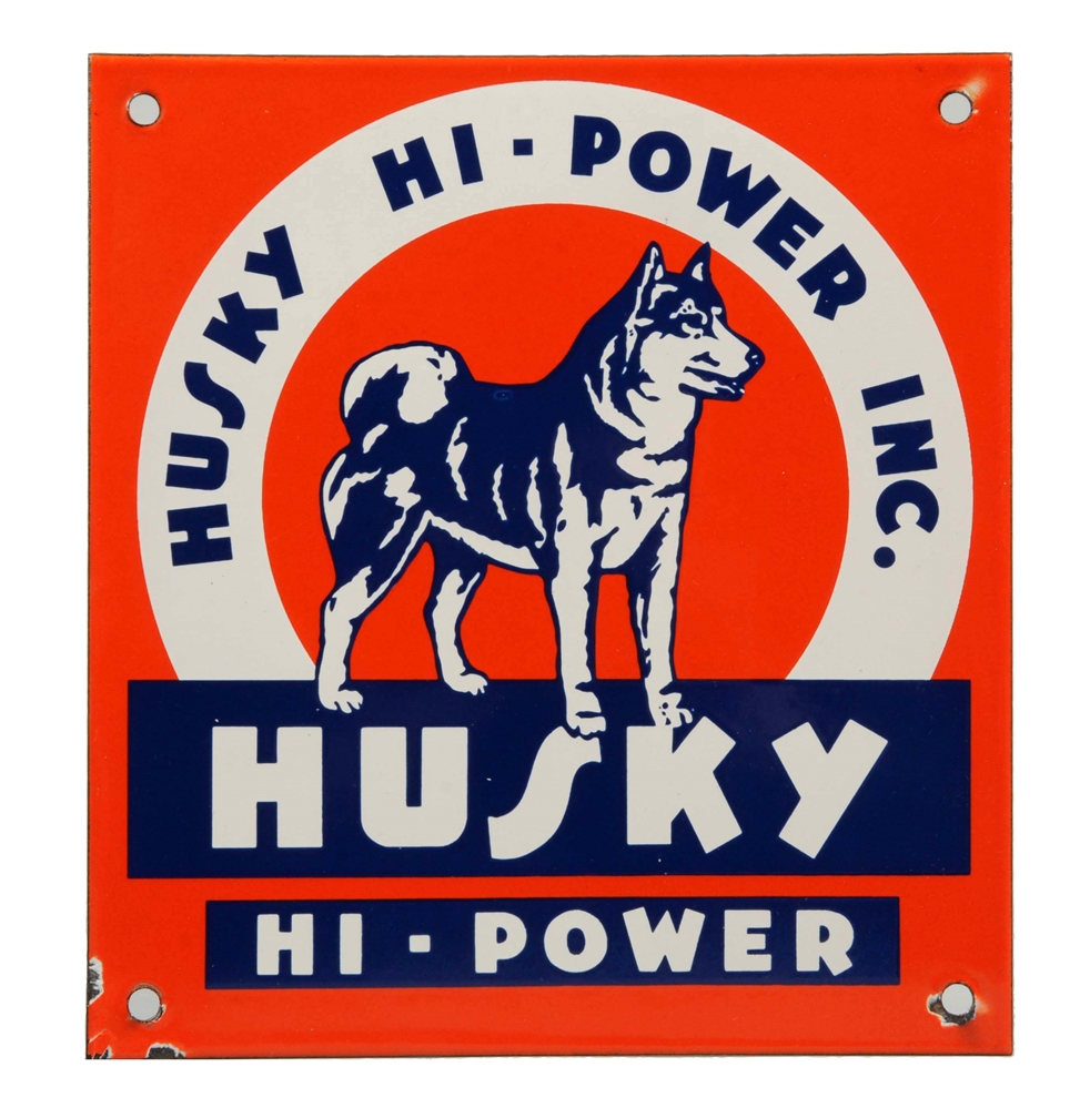 HUSKY HI-POWER W/ DOG LOGO PORCELAIN SIGN (SMALL ORANGE).